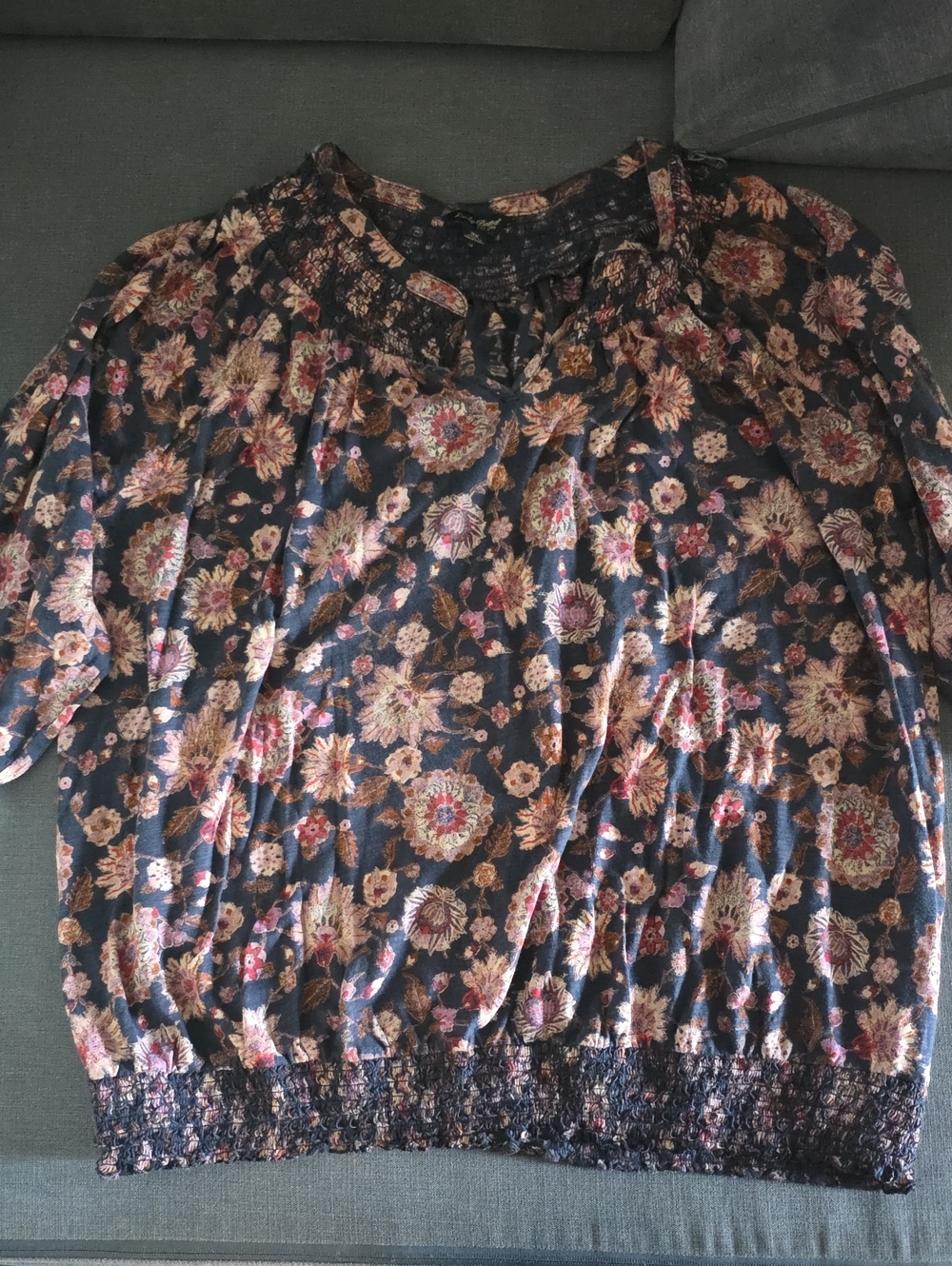 Lucky Brand Navy Floral Smocked-Hem Tunic Top
